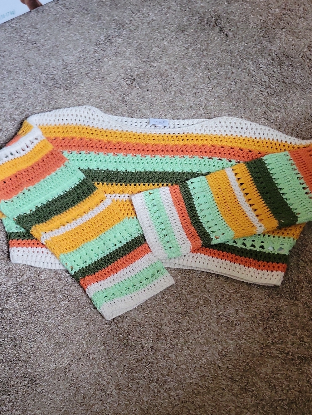 Cropped Crochet Striped Open Knit Sweater - Mint, Yellow & Coral